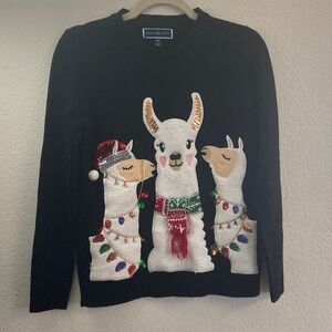 Karen Scott Black Christmas ugly Sweater with Llama Design festive quirky fun